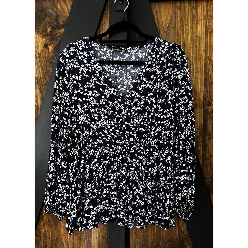 Bloomchic Navy & White Floral Wrap Blouse With Peplum Size 14-16